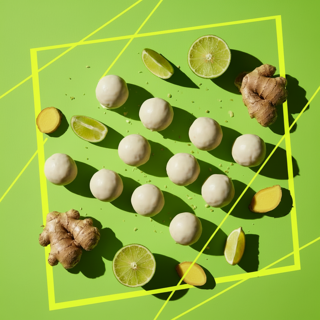 Lime and Ginger Energy Bites coated in white almond chocolate, bold neon lime green background with graphic lines