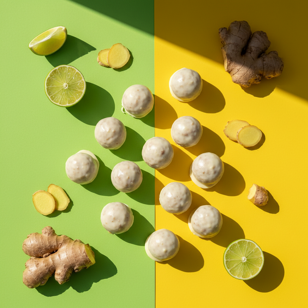 Lime and Ginger Energy Bites bold summery flat lay with lime and ginger props