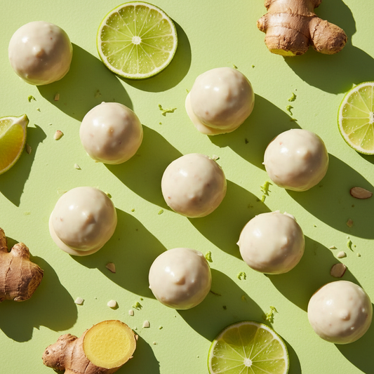 Lime and Ginger Energy Bites coated in smooth white almond chocolate, overhead close-up with lime slices and ginger root